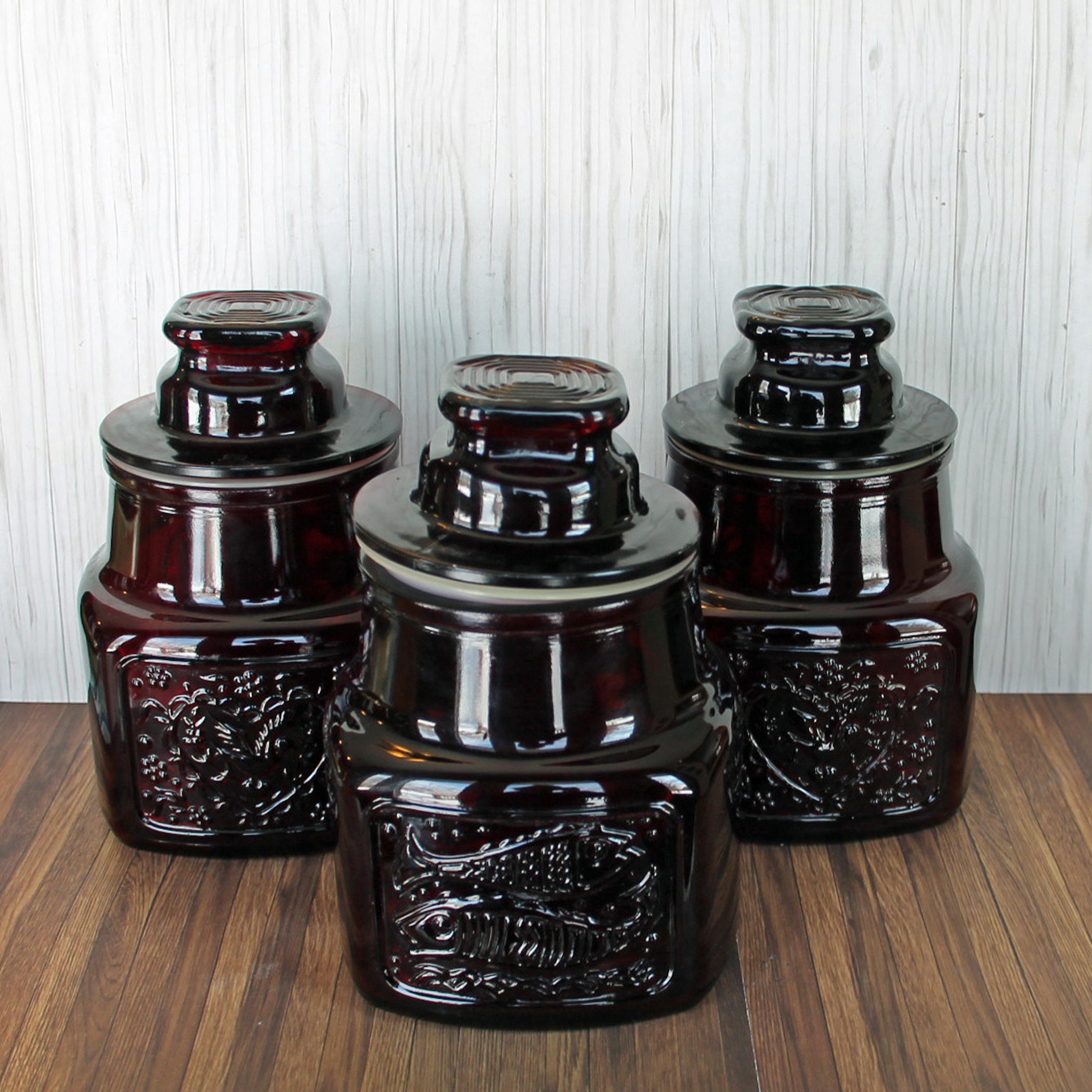 Vintage Wheaton Red Glass Canister with Lid Bird Heart and Fish Design