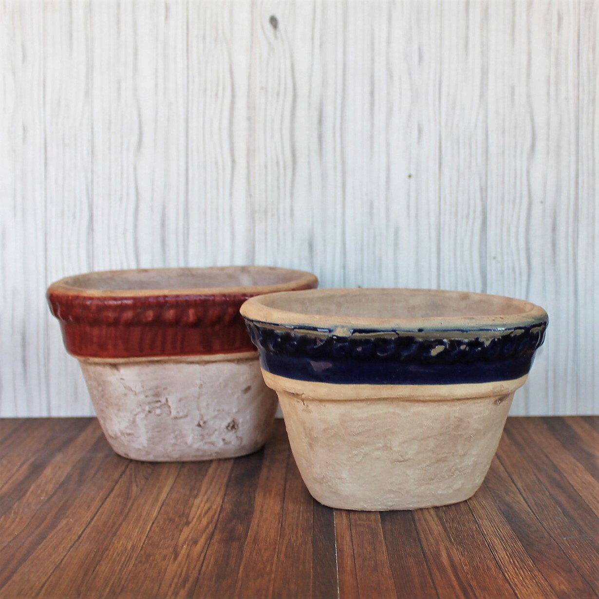 Vintage Rowe Pottery Works Stoneware Planter Flower Pot Set of 2 Tan