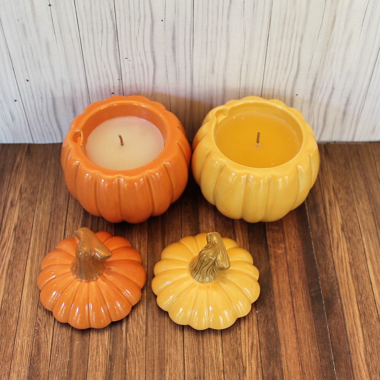 Vintage Ceramic Hallmark Pumpkin Bowl Dish Candle Holder with Lid Set