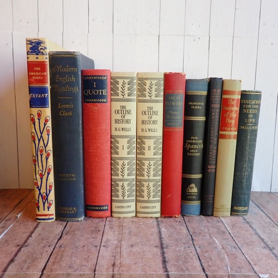 Vintage Book Set of 10 Books Blue Cream Red Bookshelf Bundle Office Library Decor