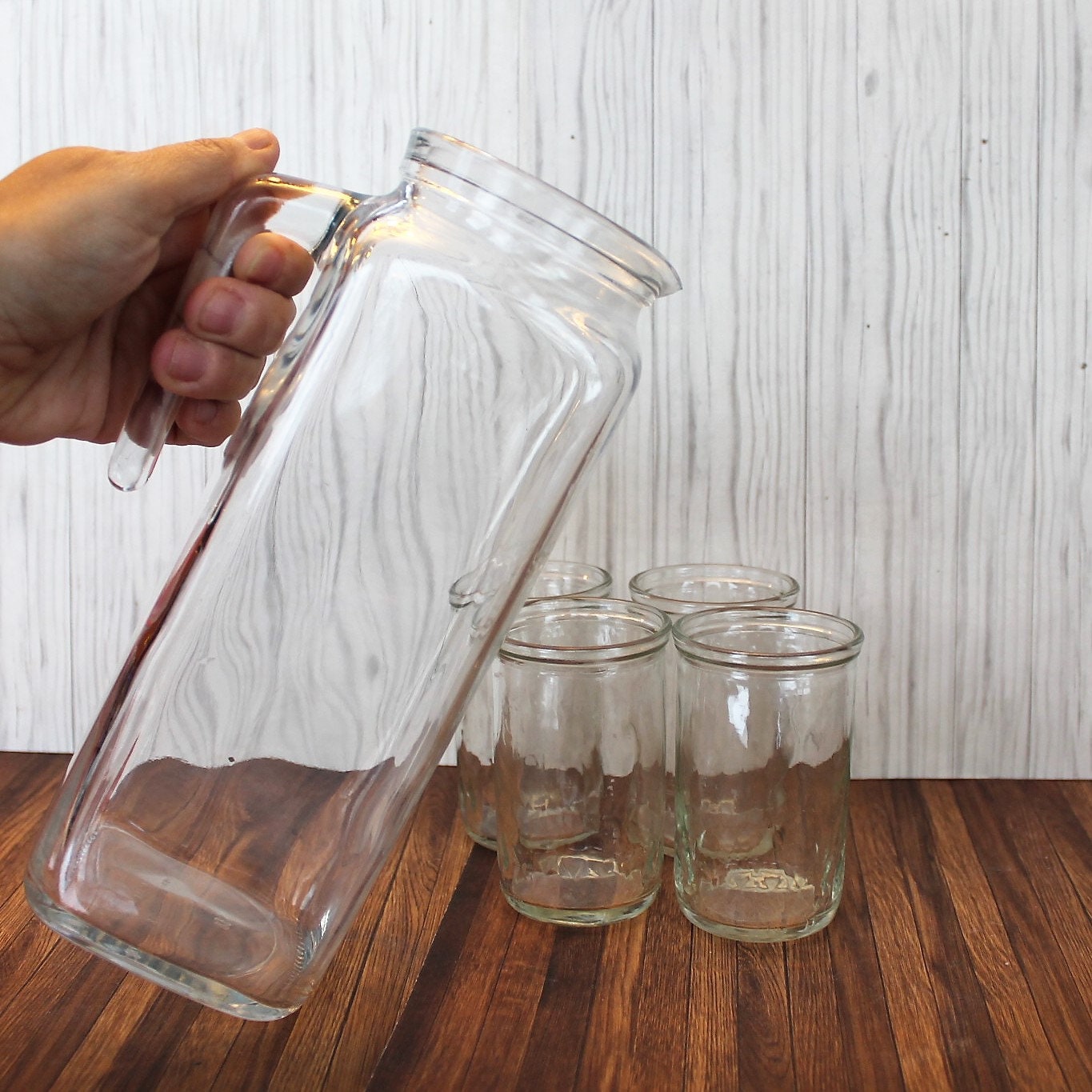 Vintage Jelly Jar Juice Glasses and Pitcher Set Diamond Star Design