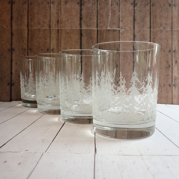 Vintage Libbey Frost Pine Tree Double Old Fashioned Glasses Set of 4 Christmas Tree Glasses