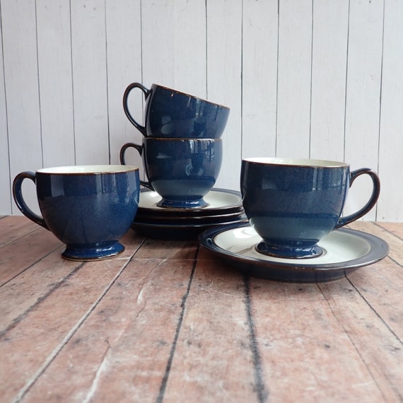 Vintage Denby BOSTON Ceramic Cup and Saucer Set of 4 Blue and White