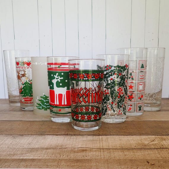 Vintage Mismatched Christmas Tumblers Set of 8 Mix and Match Holiday Drinkware Glasses Party Barware