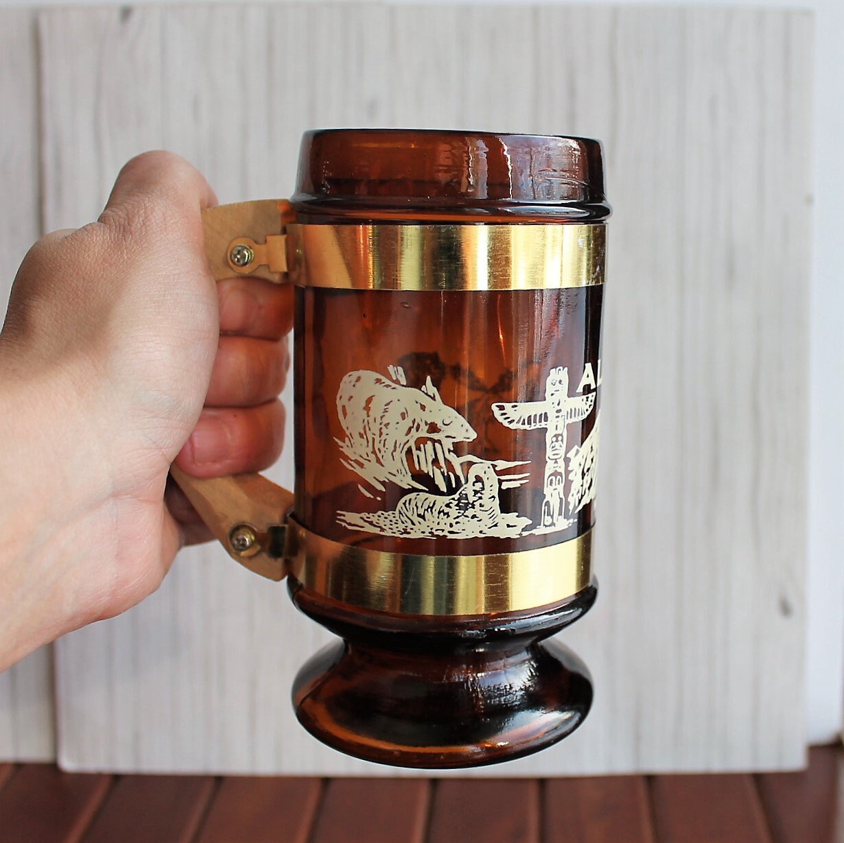 Vintage Alaska Souvenir Mug Amber Glass Beer Mug Stein with Wood Handle Siesta Ware