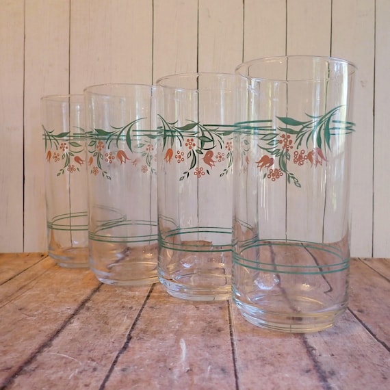 Vintage Corelle Corning ROSEMARIE 16 oz. Glass Tumbler Set of 4 Glassware Coolers Clear with Pink and Green Flower and Leaf