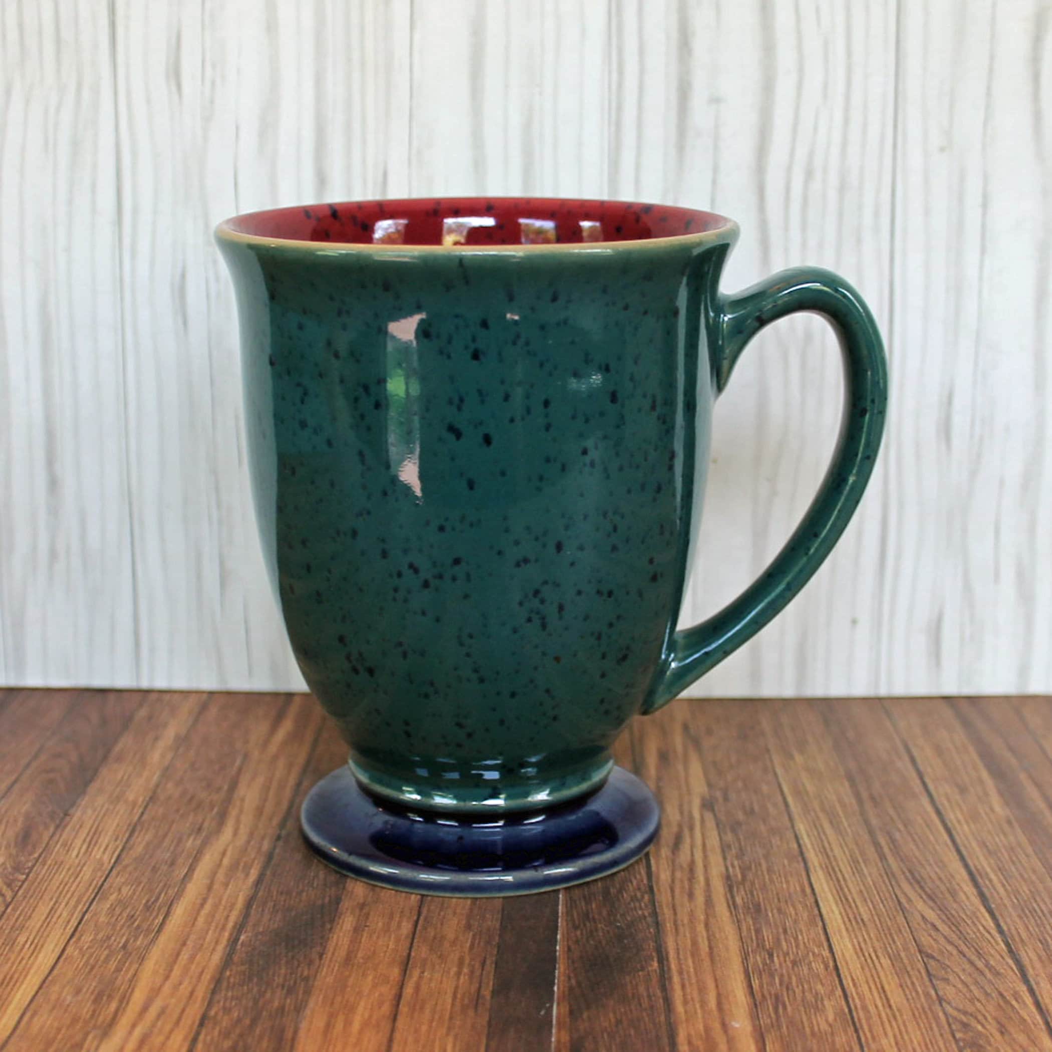 Vintage Denby HARLEQUIN Footed Mug Cup Green Red Ceramic England 1990s