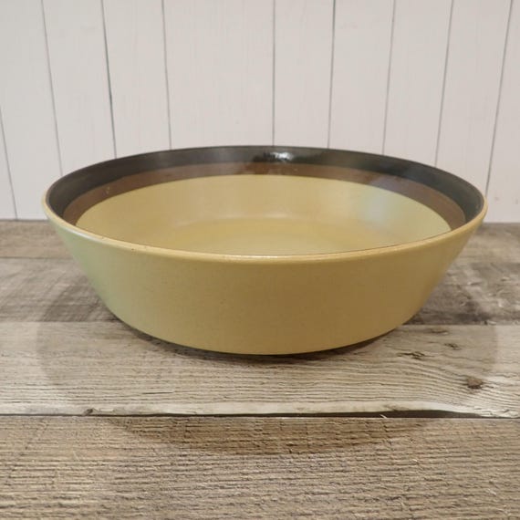 Vintage Arrowstone ZUNI MAIZE Yellow Gold 9" Vegetable Serving Bowl Mid Century Modern Kasuga Stoneware Brown Banded Design