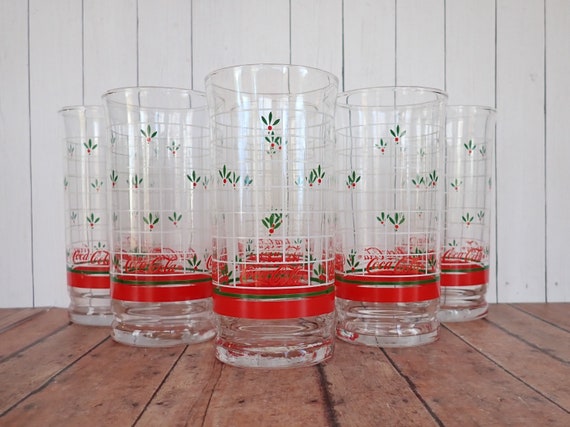 Vintage Libbey Coca Cola Christmas Holiday Tumbler Set of 6 with Green Leaf Holly Design Coke Glasses
