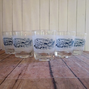 Vintage Royal China Currier and Ives White and Blue Old Fashioned Glasses Set of 6 Rocks Whiskey Glasses Winter Scene Christmas Design