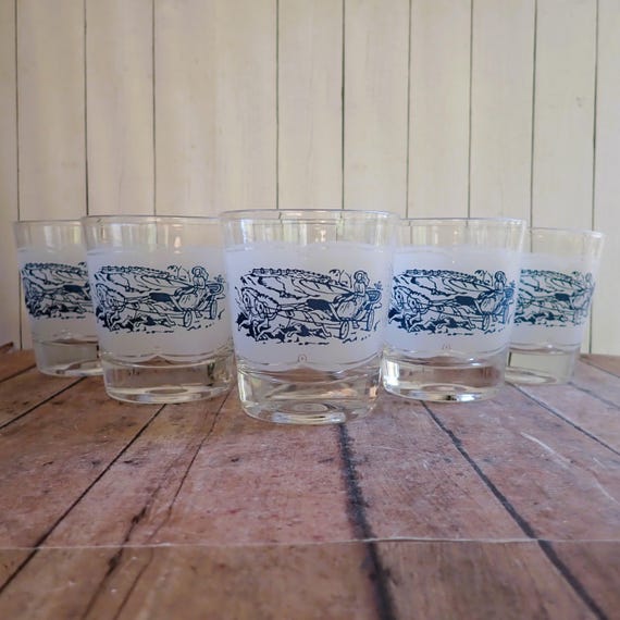 Vintage Royal China Currier and Ives White and Blue Old Fashioned Glasses Set of 6 Rocks Whiskey Glasses Winter Scene Christmas Design