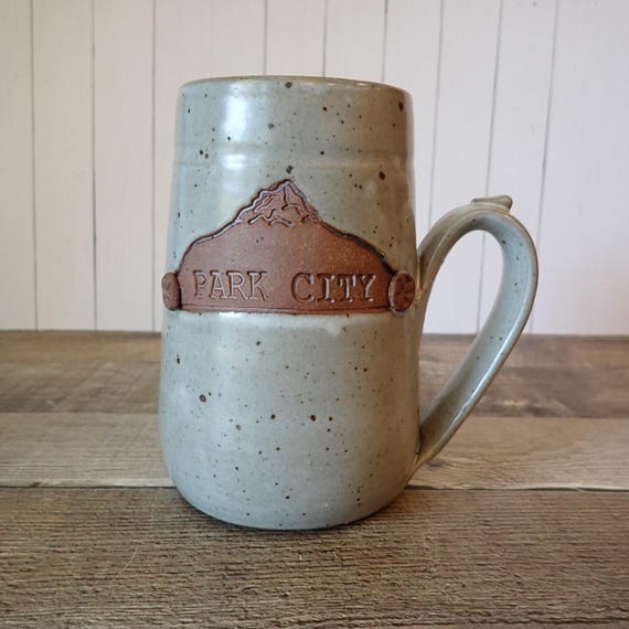 Vintage Clay Pen Pottery Large Brown Stoneware Park City Colorado Mug Stein Gray and Tan