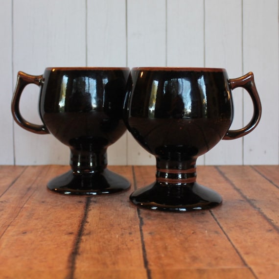 Vintage Otagiri Stoneware Footed Mug Set of 2 Black and Brown Pedestal Mugs Mid Century Modern Pottery