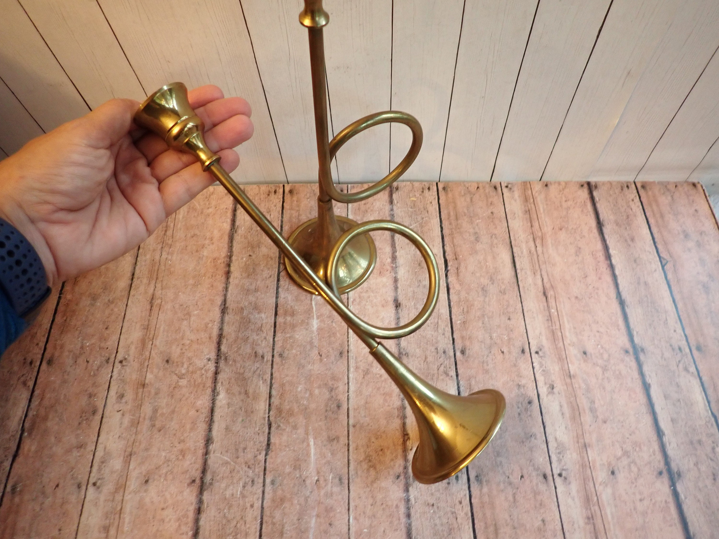 Vintage Brass Trumpet Bugle Horn Christmas Candlestick Set of 2 Candle
