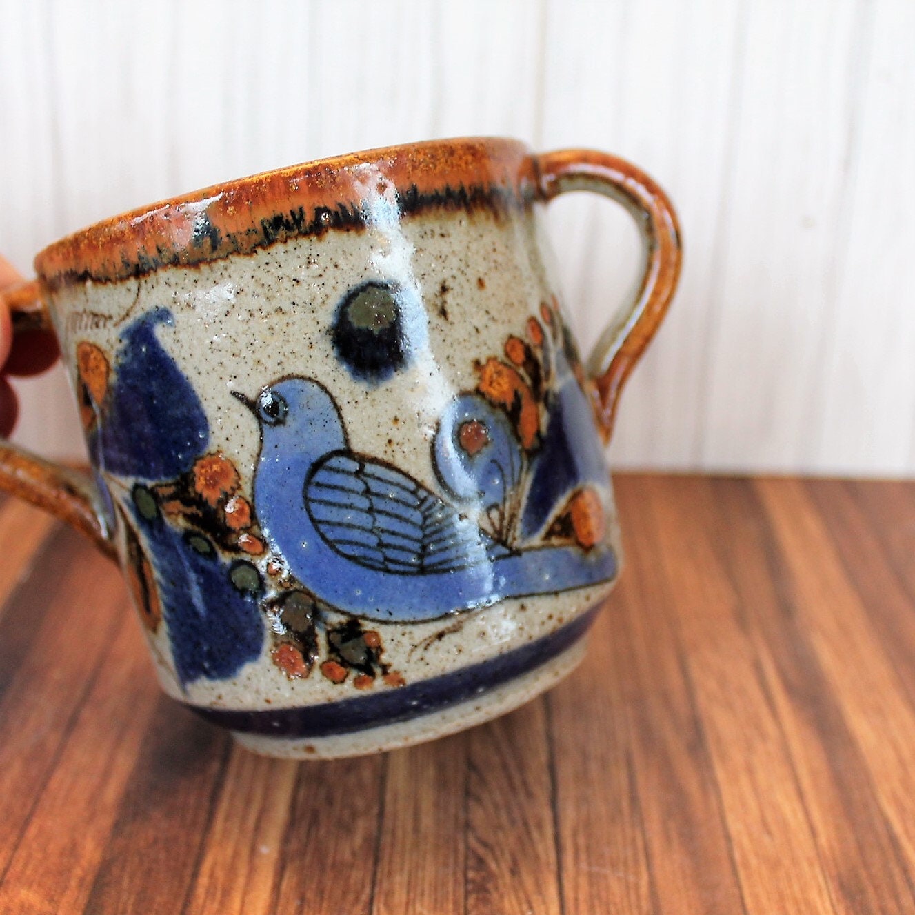 Vintage Tonala Pottery Sugar Bowl Dish with Lid Double Handle Blue Bird