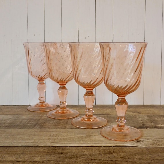 Vintage Cristal D'Arques-Durand Rosaline Pink Swirl Optic Water Goblet Set of 4