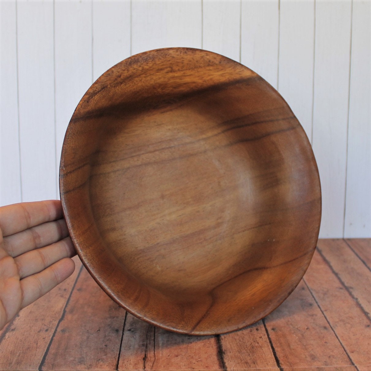 Vintage Wood Footed Pedestal Bowl with Carved Leaf Design Centerpiece