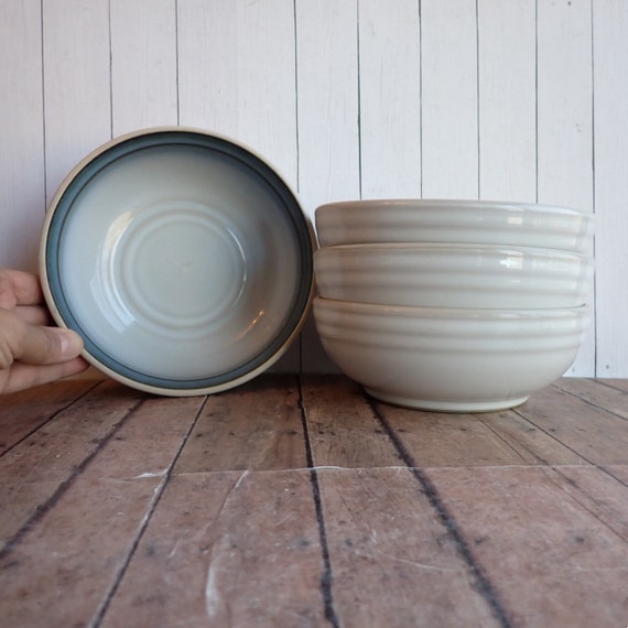 Vintage Noritake Stoneware SORCERER Cereal Bowl Set of 4 White Stoneware with Blue Faded Banded Design