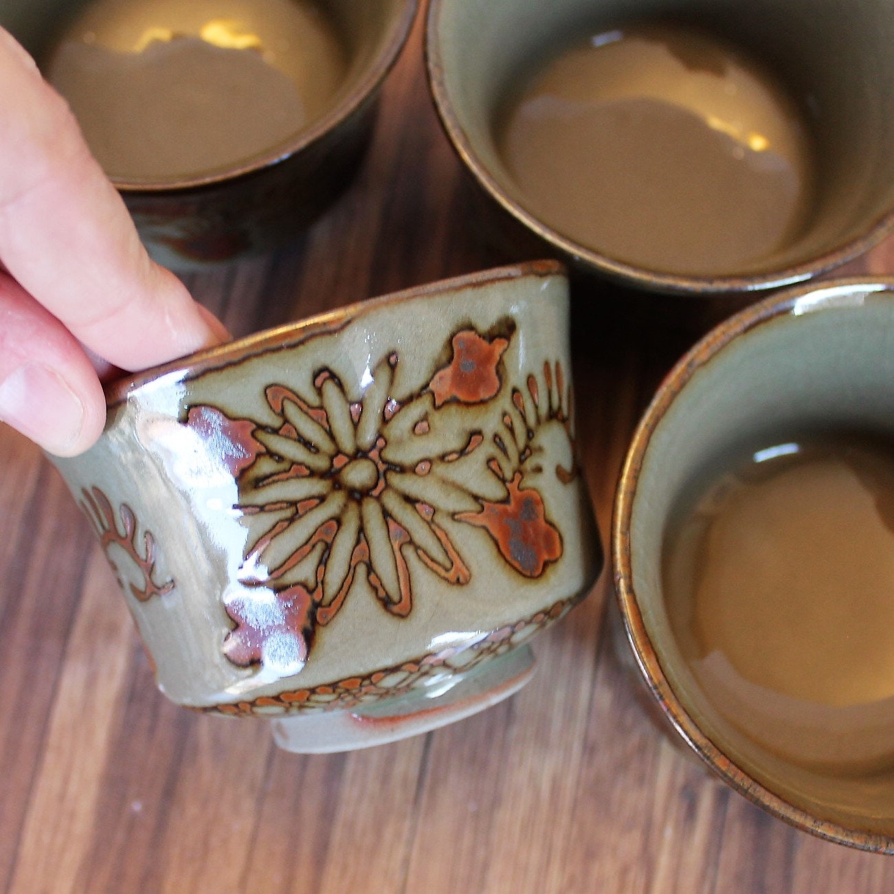 Vintage Stoneware Sake Cup Set of 4 Gray Brown Floral Flower Design Otagiri Style Pottery