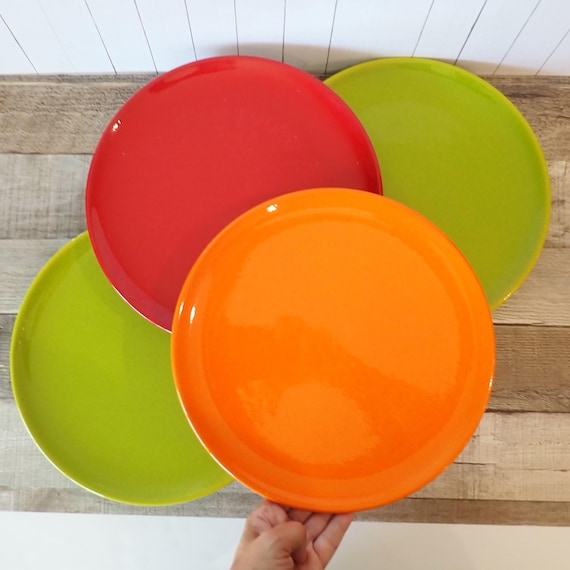 Vintage WAECHERSBACH Fun Factory Dinner Plates Set of 4 Red Orange Lime Tree