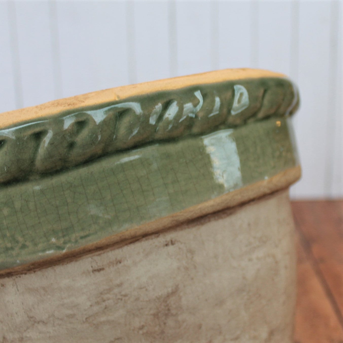 Vintage Rowe Pottery Works Stoneware Planter Flower Pot Tan with Green