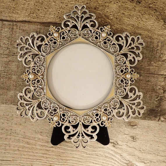 Vintage Snowflake Shaped Christmas Photo Picture Frame 3x3 Silver Enamel and Pearl Frame