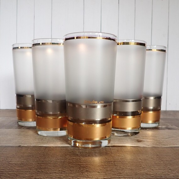 Vintage Culver Tumbler Glass Set of 6 Frosted Glasses with Silver and Gold Bands Regency