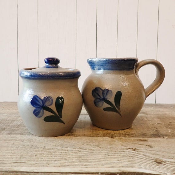 Vintage ROWE POTTERY WORKS Sugar Bowl and Creamer Grey with Blue Flower Leaf Design Cambridge Wisconsin 2000