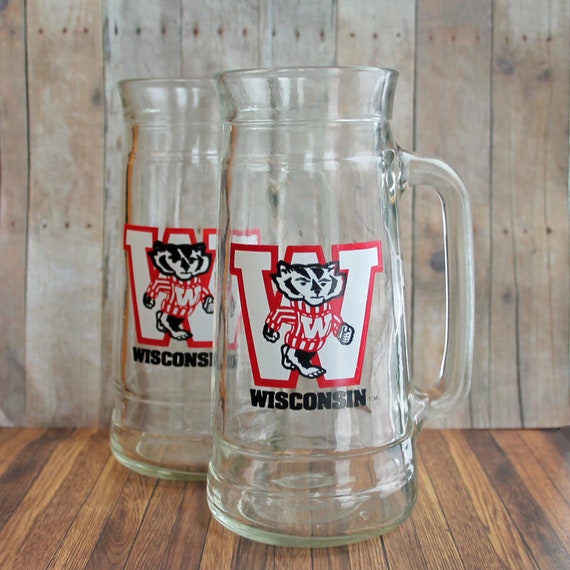 Vintage University of Wisconsin Madison Clear Glass Beer Stein Mug Set of 2 Bucky Badger Mascot