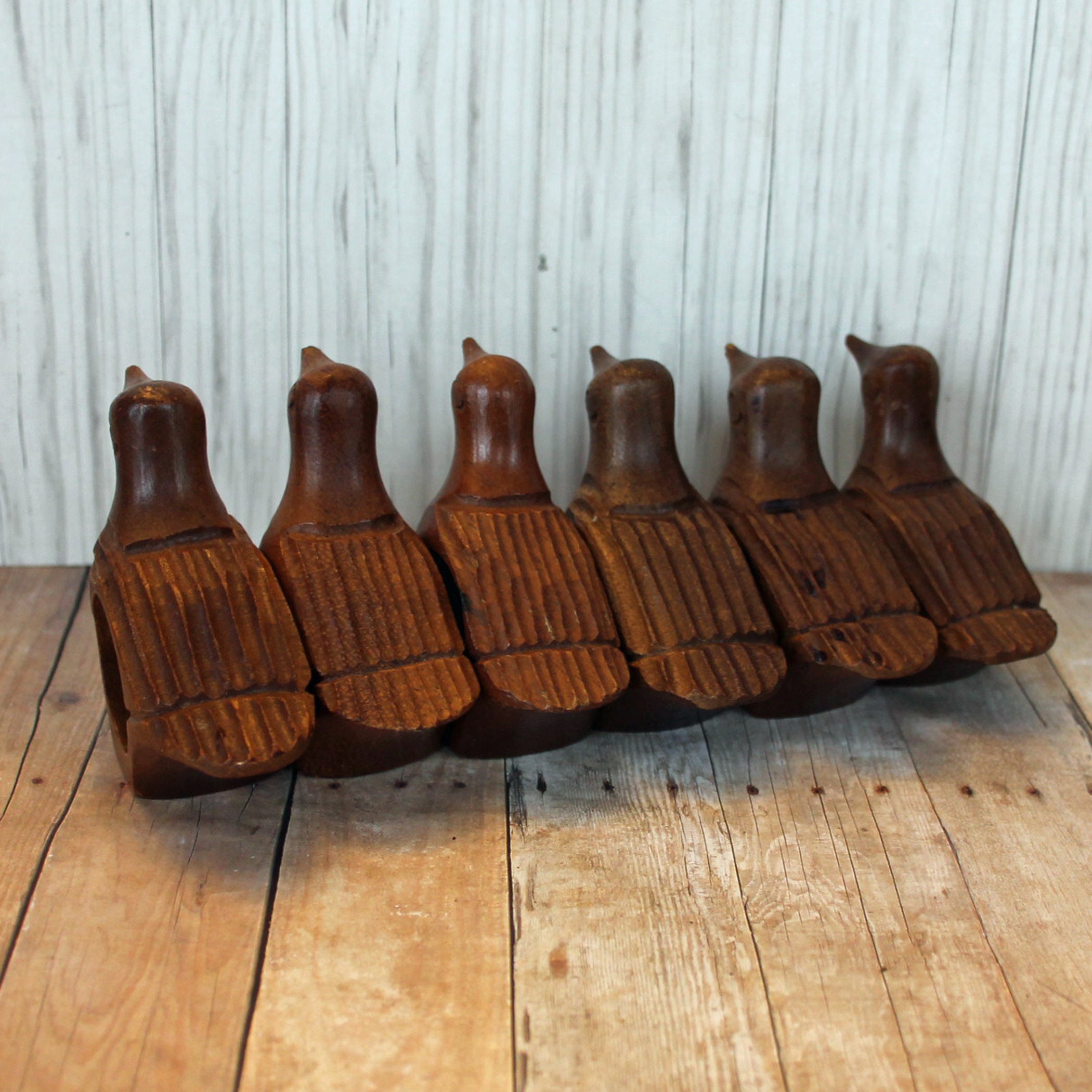 Vintage Wood Carved Bird Shaped Napkin Ring Holder Set of 6 Made in