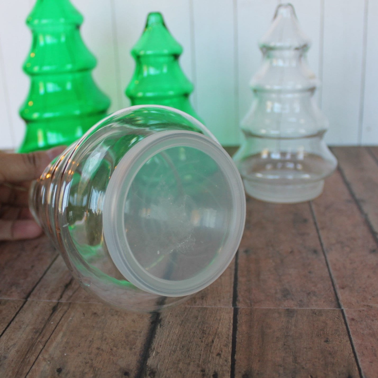 Vintage Clear and Green Glass Christmas Tree Canister Jar Container