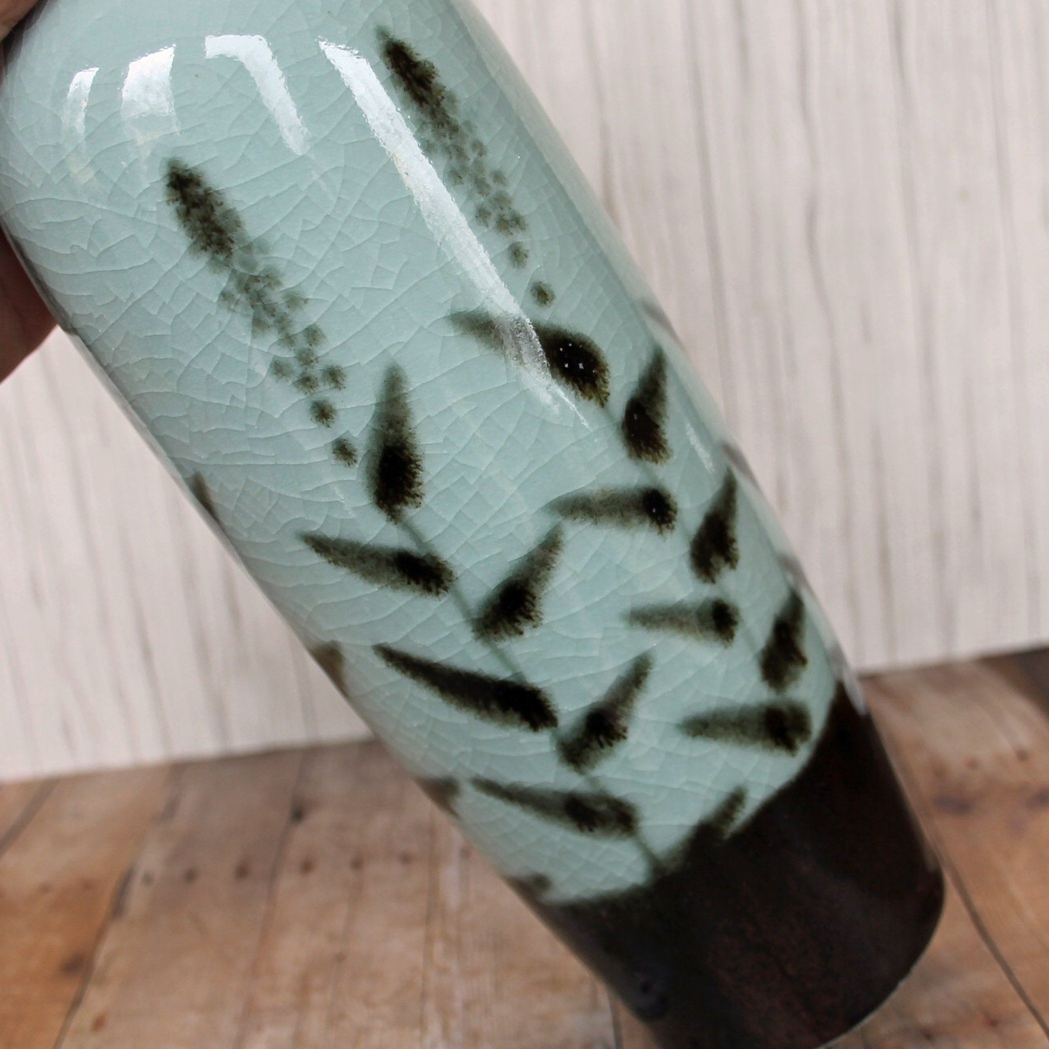 Vintage Ceramic Vase Asian Inspired Blue Green Brown Leaves Bamboo ...