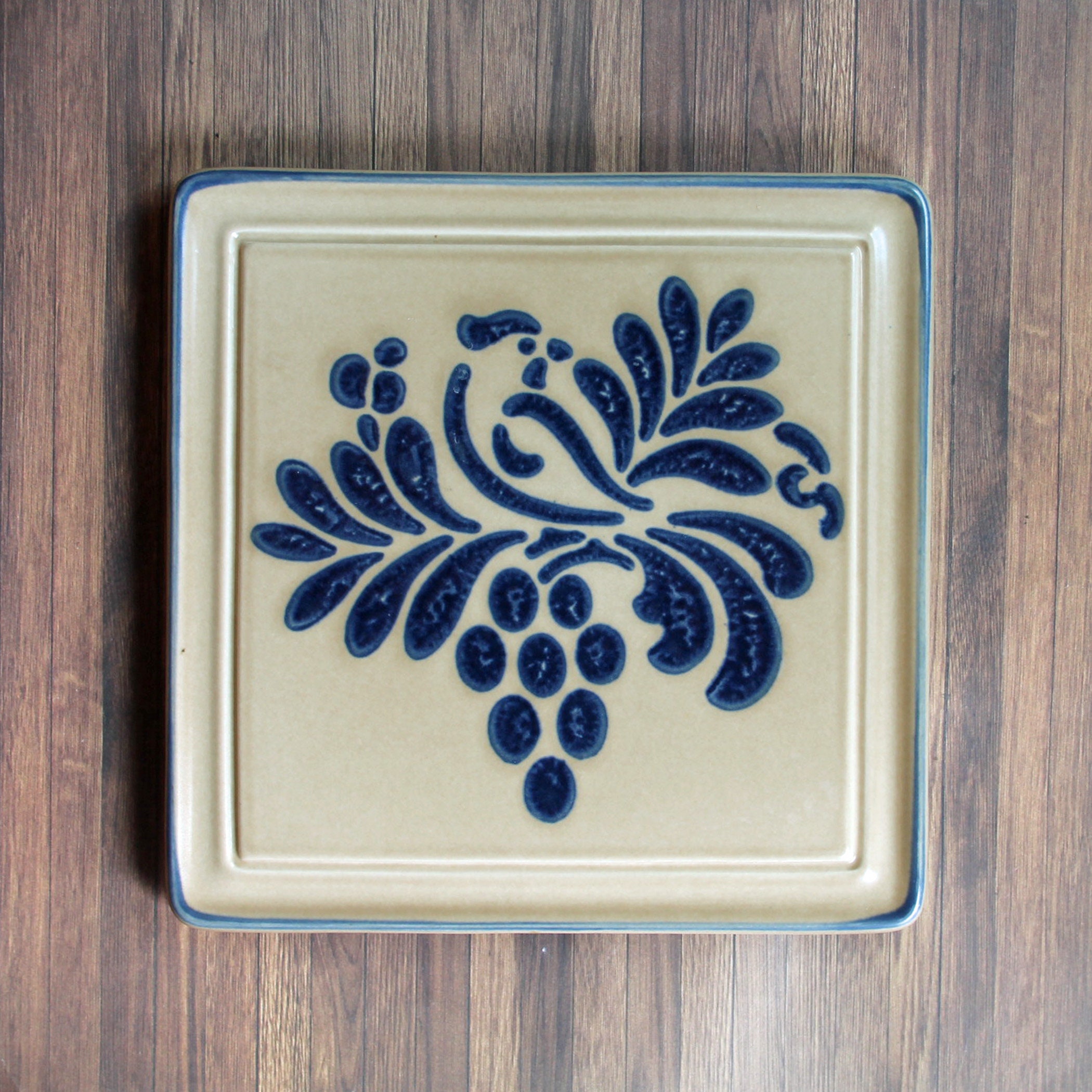 Vintage Pfaltzgraff FOLK ART Ceramic Tile Trivet Tan with Blue Bird