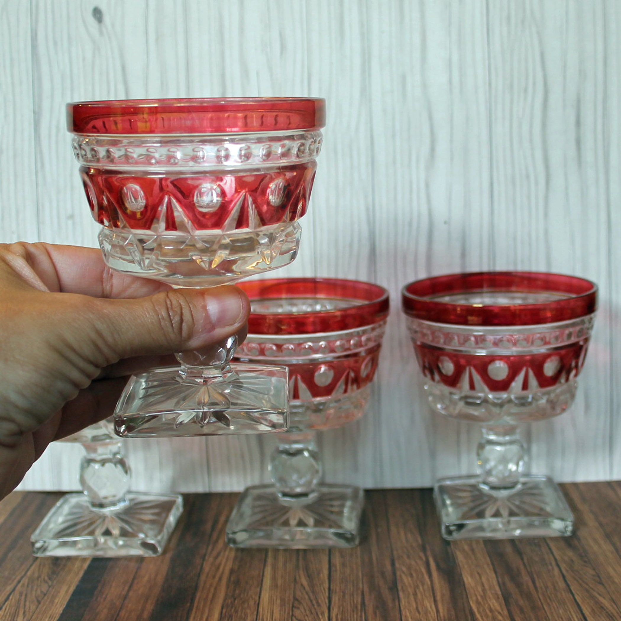 Vintage Indiana Glass Colony PARK LANE Clear Ruby Red Flashed Sherbet