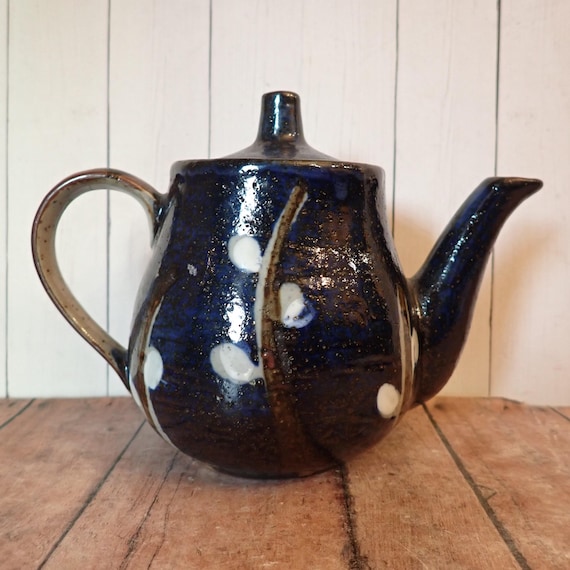 Vintage Otagiri Pussywillow Mini Teapot Blue Stoneware Brown Branches White Pussy Willow Buds Dogwood Tea Pot