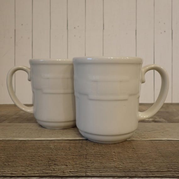 Vintage Longaberger Pottery WOVEN TRADITIONS Ivory Ceramic Mug Set of 2 Coffee Cup 12oz