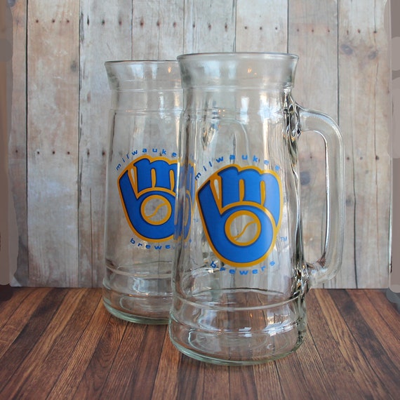 Vintage Milwaukee Brewers Baseball Clear Glass Beer Stein Mug Set of 2 MLB