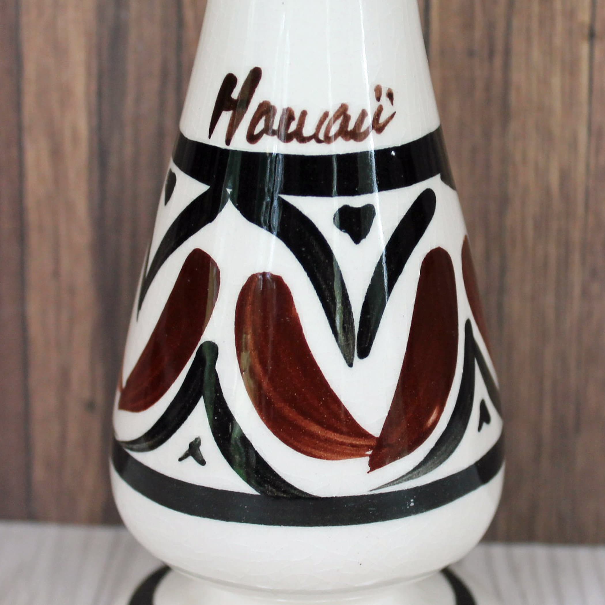 Vintage Ceramic Hawaiian Pottery Bud Vase Set of 2 White Brown Black Tapa Design Floral Leaf