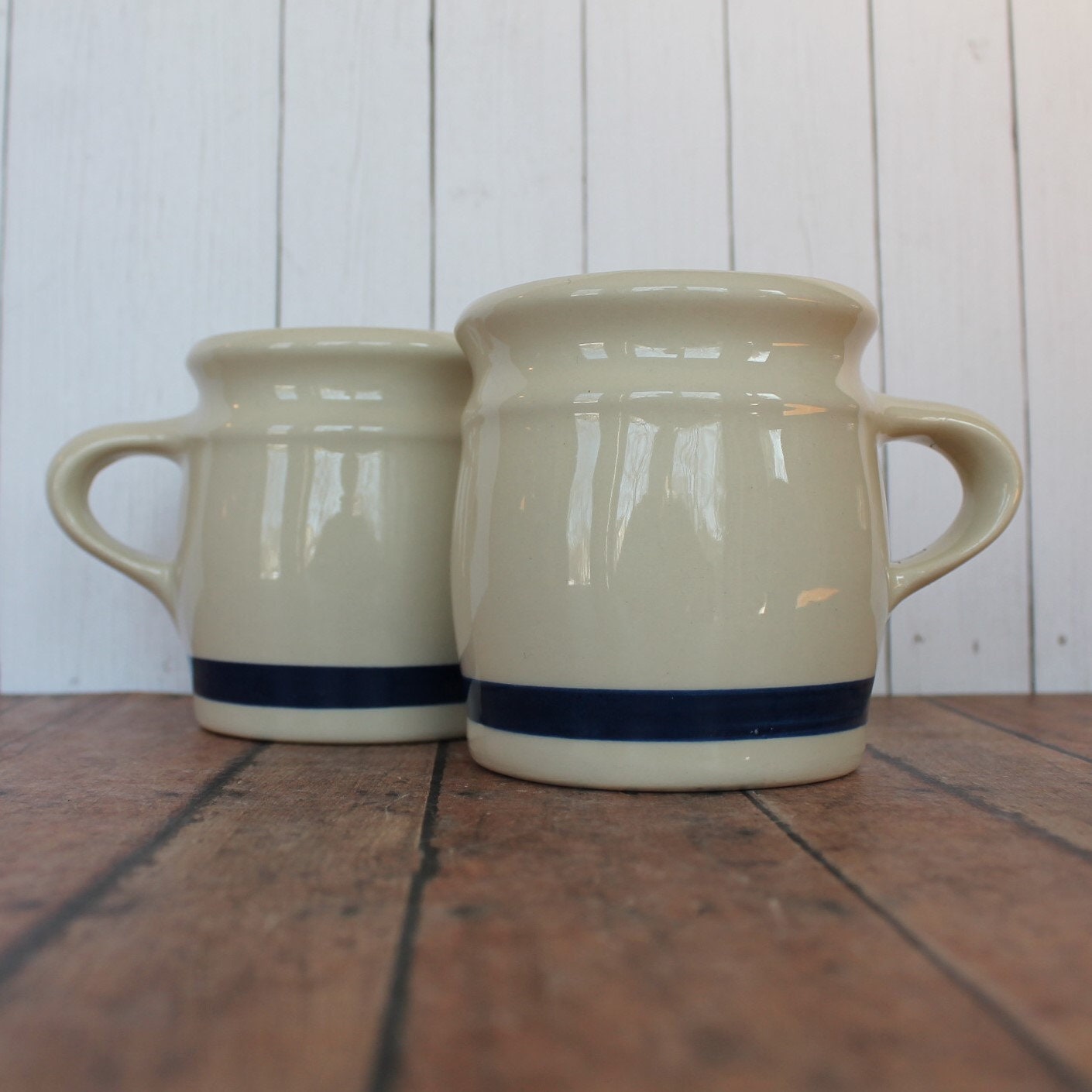 Vintage HARTSTONE Pottery Mug Set of 2 White Stoneware Mug with Blue Band
