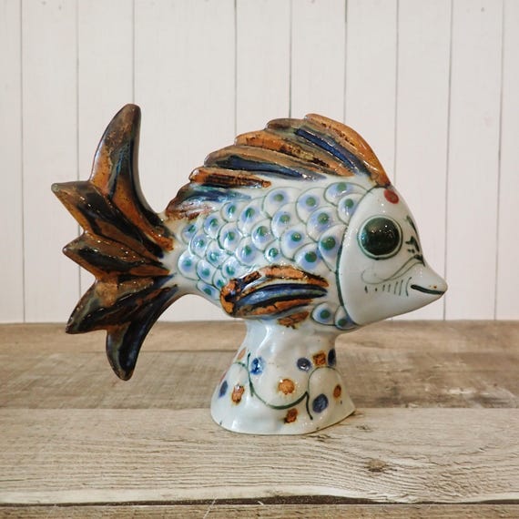 Vintage Ken Edwards Mexican Pottery Tonala Fish Figurines Grey Stoneware with Blue and Brown Designs AS IS Small Chip