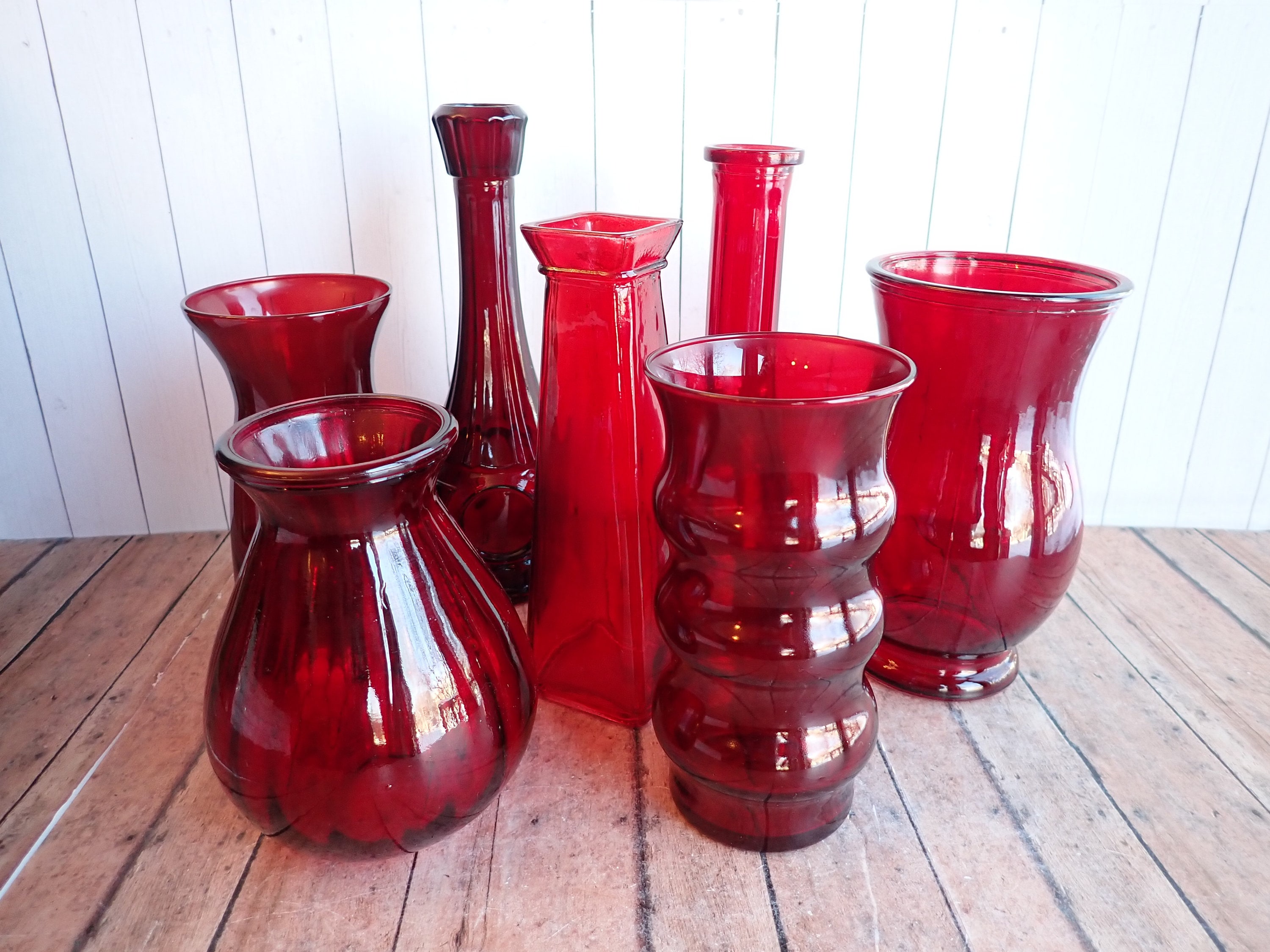 Vintage Red Glass Vase Set of 7 All Different Pattern Wedding Vases