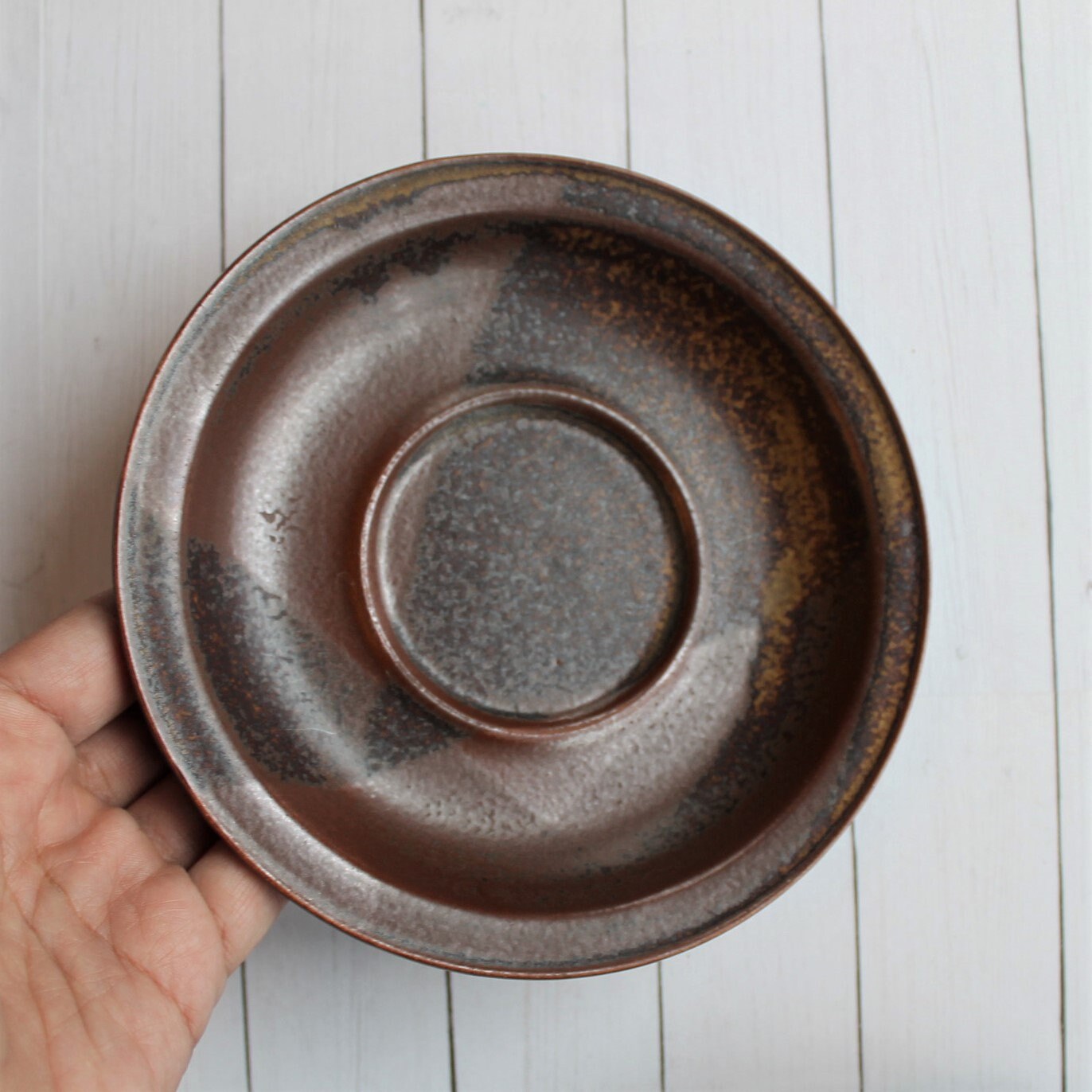 Vintage Iron Mountain Stoneware ROAN Saucers Set of 3 Brown Modern