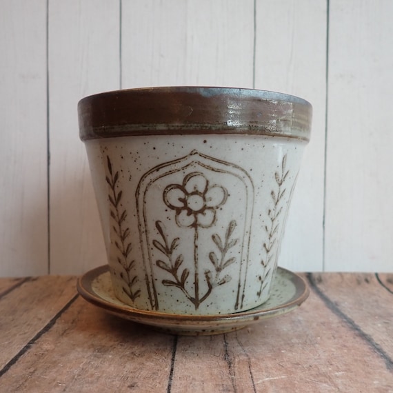 Vintage Otagiri Small Planter Flowerpot Round Flower Pot Gray with Brown Flower and Leaf Design