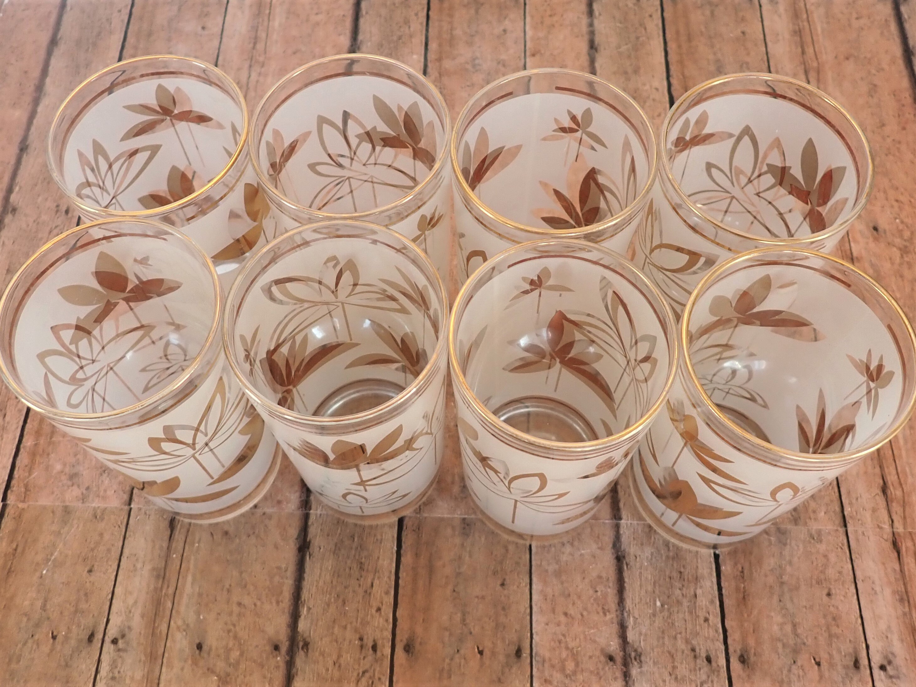 Vintage Clear Frosted Glass Tumblers Set of 8 with Modern Gold Leaf