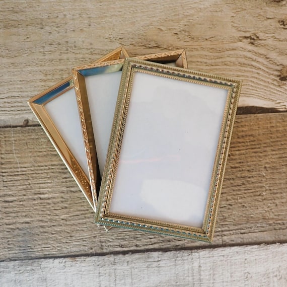 Vintage 2x3  Metal Gold Brass Colored Photo Picture Frame Set of 3 Frames 2" x 3" All Different Patterns