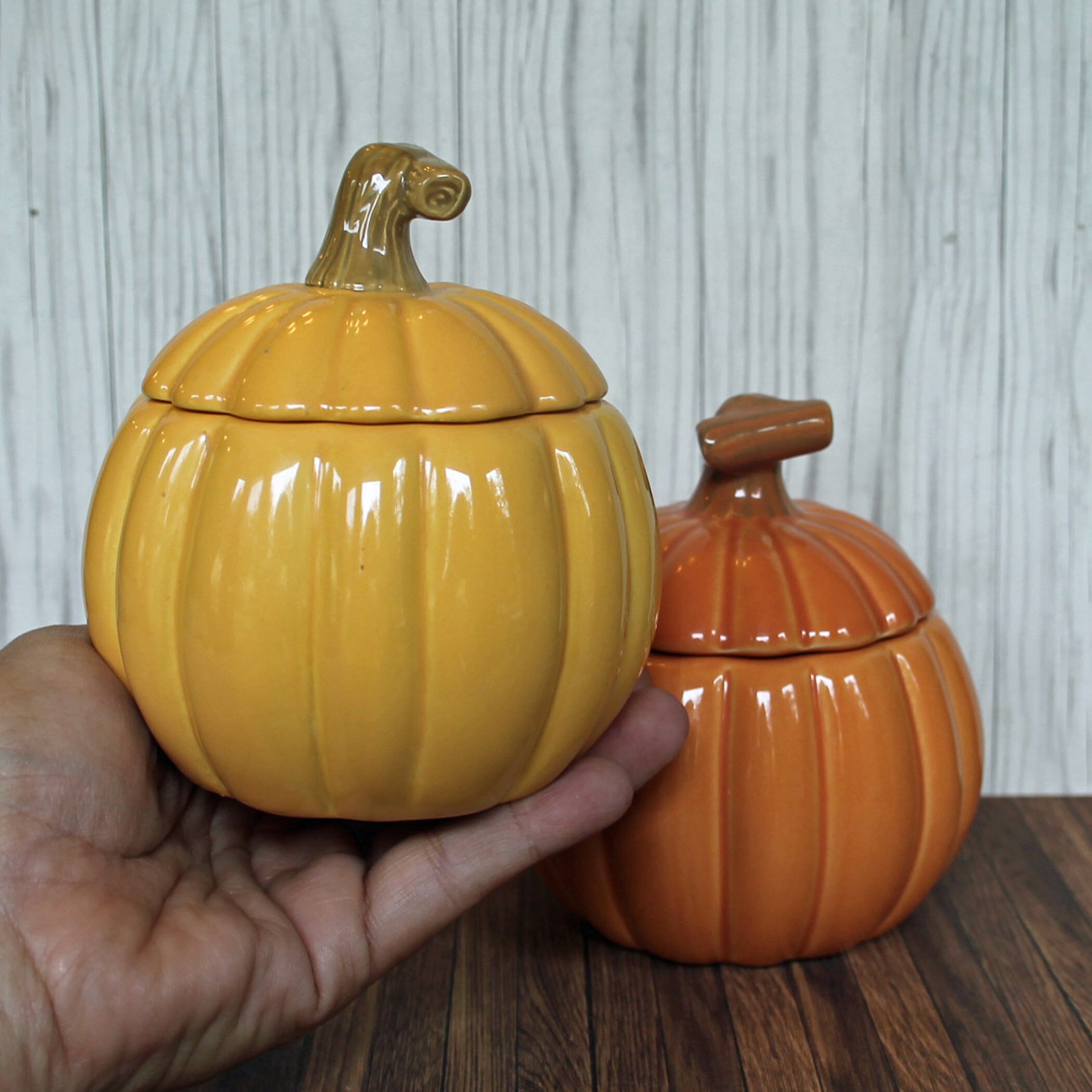 Vintage Ceramic Hallmark Pumpkin Bowl Dish Candle Holder with Lid Set