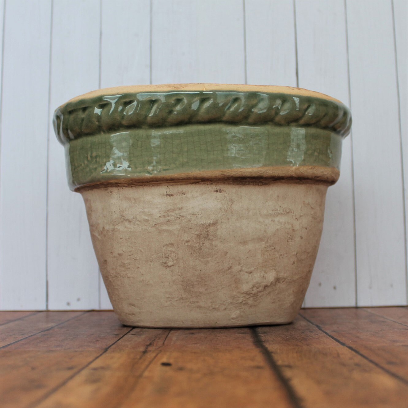 Vintage Rowe Pottery Works Stoneware Planter Flower Pot Tan with Green
