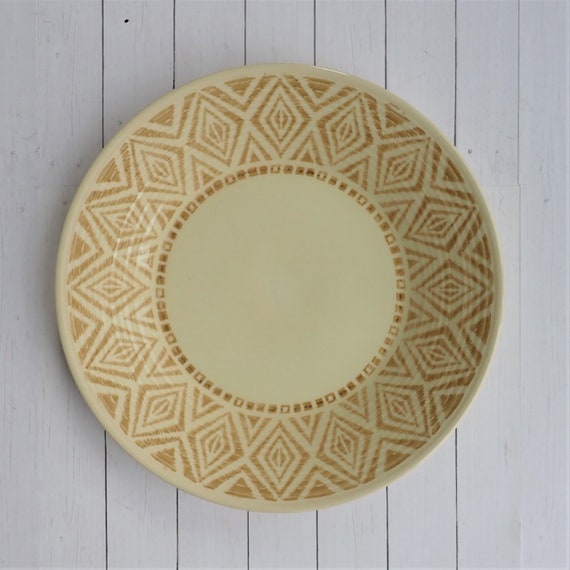 Vintage Harmony House RIVIERA Dinner Plate Set of 4 Cream and Tan with Geometric Tribal Southwestern Design Border Boho Style