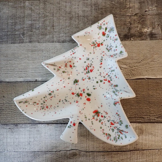 Vintage Christmas Tree Shaped Bowl Dish White Gray and Red Speckled Splatter Paint Pottery Bowl