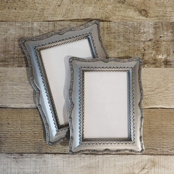 Vintage Silver Metal 3x5 and 4x6 Matching Picture Photo Frame Set of 2 with Flower and Leaf Design